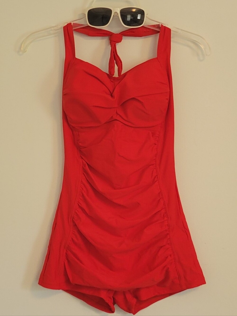 Century Star Red Halter Tie Padded One Piece Vintage Boy-Leg Romper Swimsuit. L